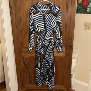 Splash Women’s blue brown Geometric Patterned Long Sleeve Pleated Maxi Dress 14